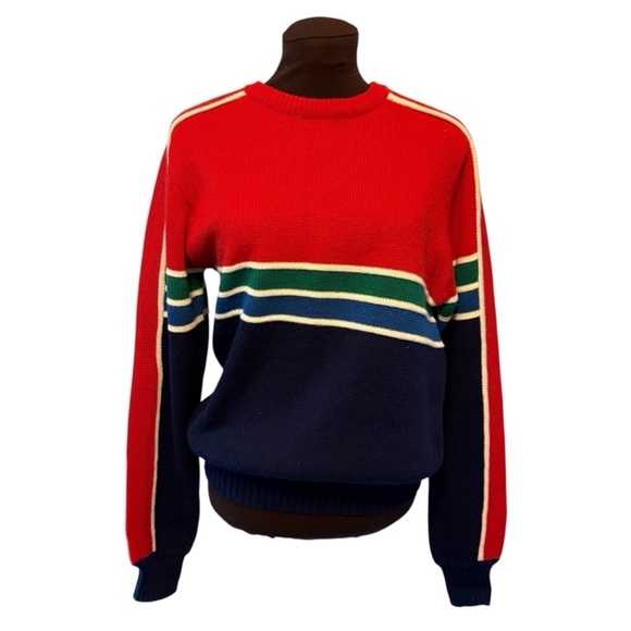 Vintage Claybrooke Mens Red Stripe Green and Blue Ski Sweater size Medium - Picture 8 of 8